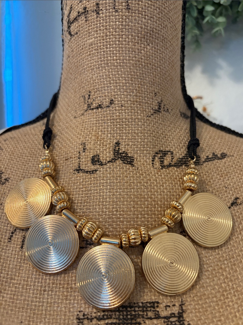 Vintage Gold Disc Statement Necklace with Black Cord
